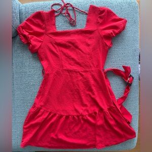 Monteau Red Puff Sleeve Square Neck Mini Dress with Belt Size L